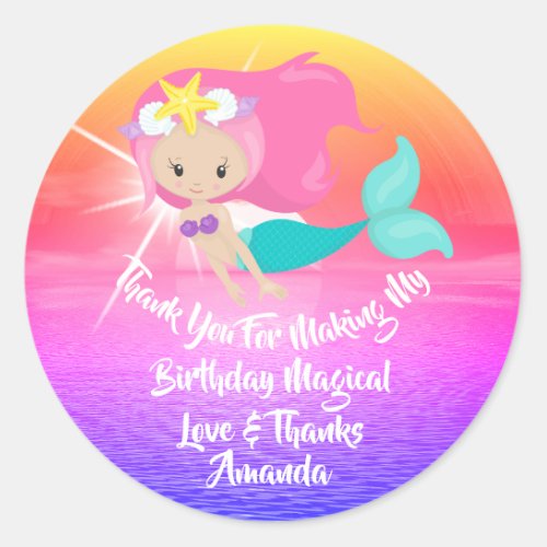 Mermaid Birthday Favor Girl Spark Sun Pink Sea Classic Round Sticker