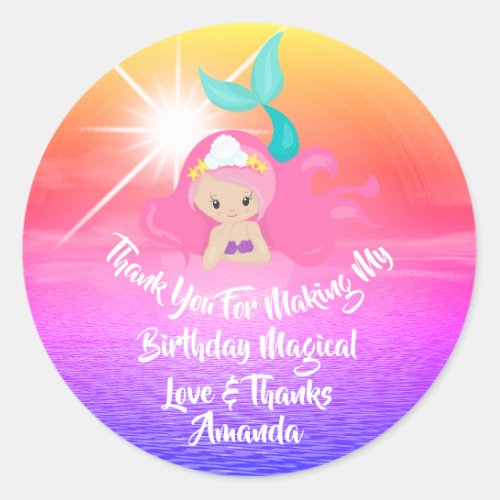 Mermaid Birthday Favor Girl Spark Sunset Pink Classic Round Sticker