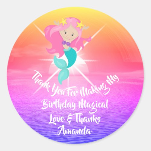 Mermaid Birthday Favor Girl Tropic Sunset Pink Classic Round Sticker