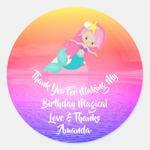 Mermaid Birthday Favor Girlly Tropic Sunset Pink Classic Round Sticker
