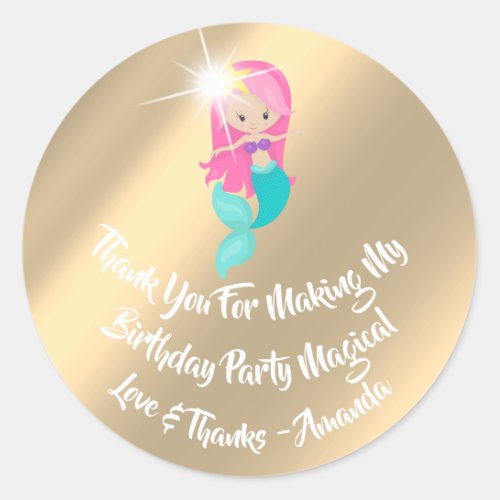 Mermaid Birthday Favor Pink Spark Gold Champaigne Classic Round Sticker