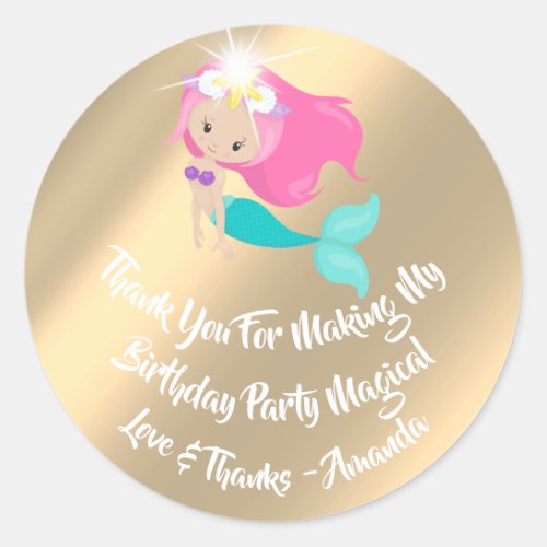 Mermaid Birthday Favor Pink Spark Gold Seashells Classic Round Sticker