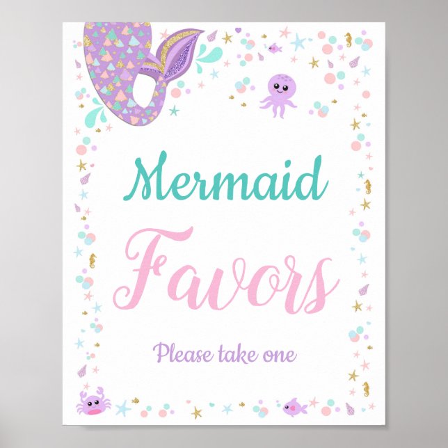 Mermaid Birthday Favors Baby Shower Sign Poster (Front)