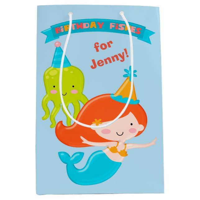 Mermaid Birthday Fishes Personalized Medium Gift Bag (Front)