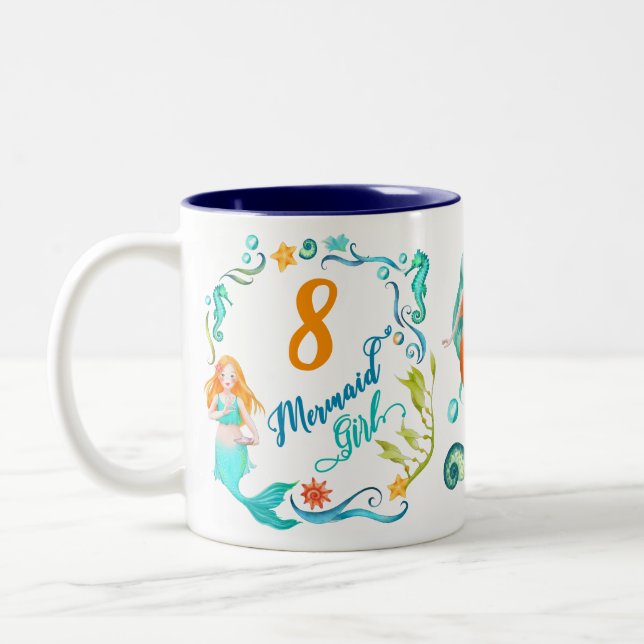 Mermaid Birthday Girl. Personalize Any Age + Name Two-Tone Coffee Mug (Left)