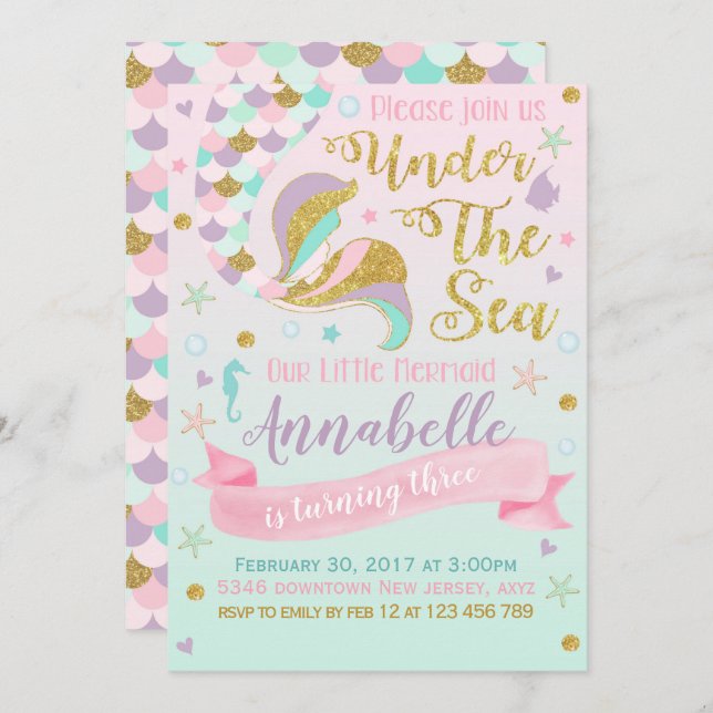 Mermaid Birthday Invitation (Front/Back)
