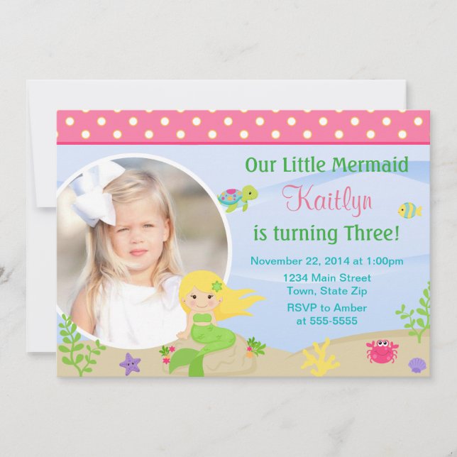 Mermaid Birthday Invitation Blonde 5x7 Photo Card (Front)