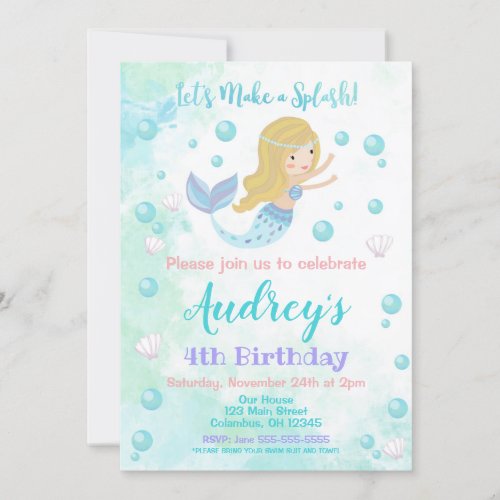 Mermaid Birthday Invitation  Blonde Mermaid