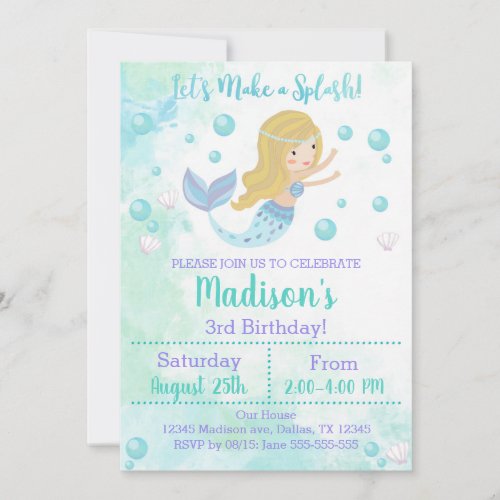 Mermaid Birthday Invitation Blonde Mermaid Invitation