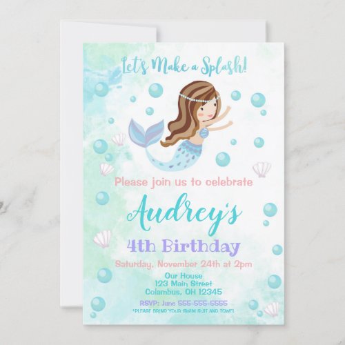 Mermaid Birthday Invitation  Brunette Mermaid