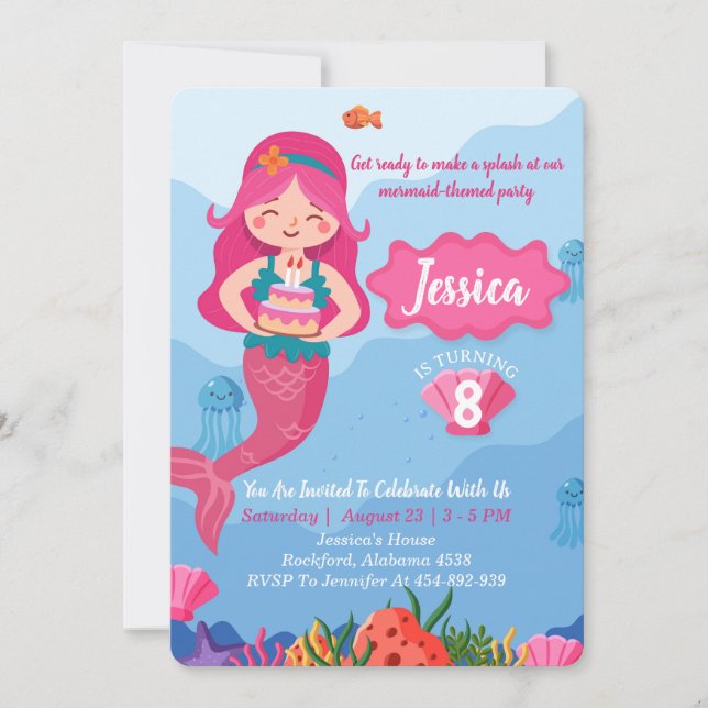 Mermaid Birthday Invitation, Editable Invitation (Front)