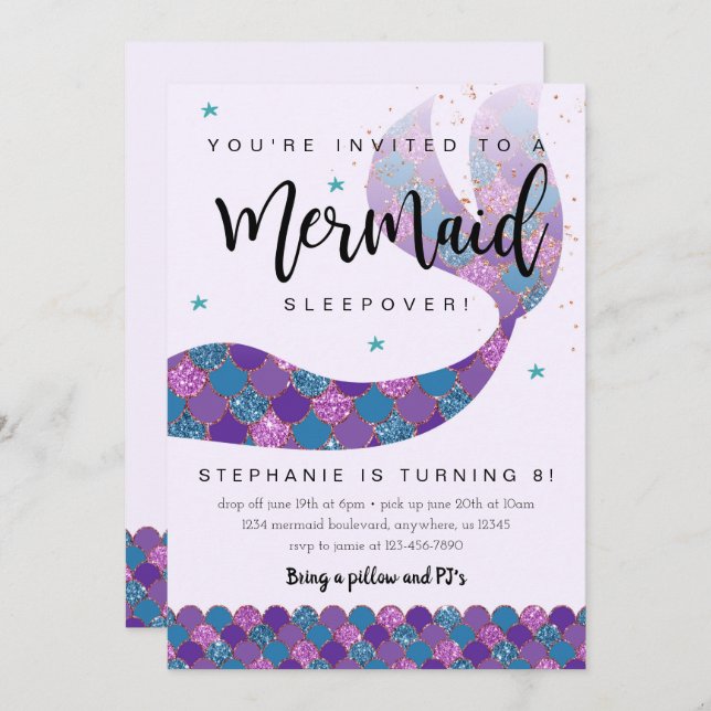 Mermaid Birthday Invitation for Sleepover (Front/Back)
