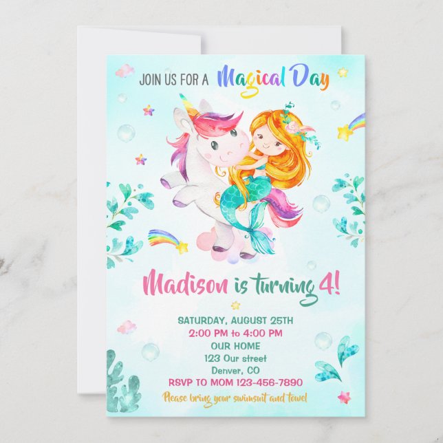 Mermaid birthday invitation Girl Magical party day (Front)