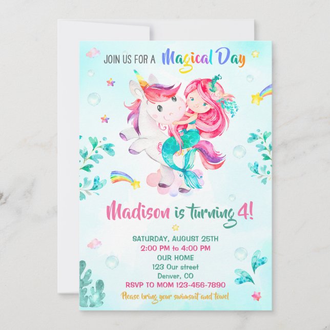 Mermaid birthday invitation Girl Magical party day (Front)