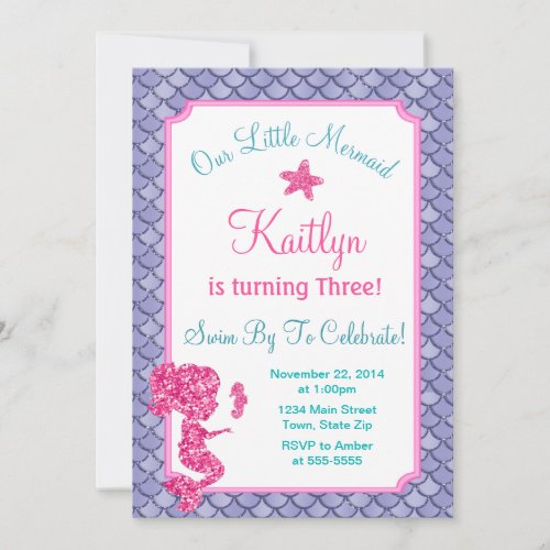 Mermaid Birthday Invitation Girl Pink Glitter