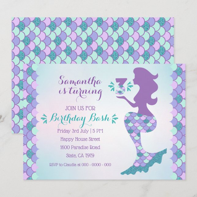 Mermaid Birthday Invitation Mermaid Number 3 (Front/Back)