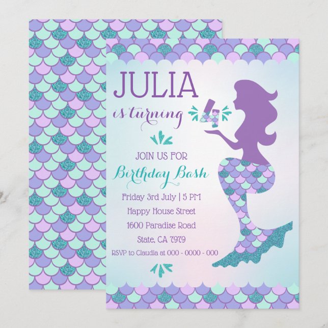Mermaid Birthday Invitation Mermaid Number 4 (Front/Back)