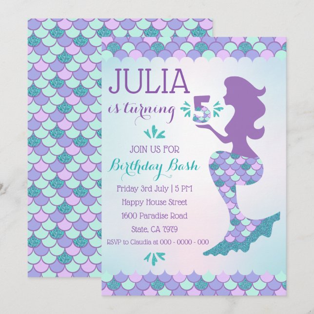 Mermaid Birthday Invitation Mermaid Number 5 (Front/Back)