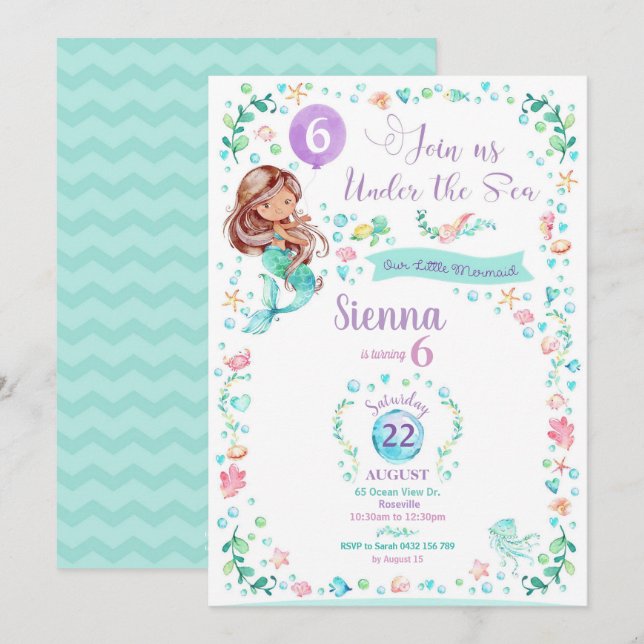 Mermaid Birthday Invitation Mermaid Party Dark Tan (Front/Back)