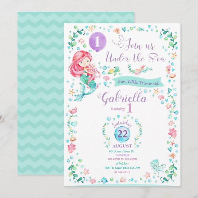 Mermaid Birthday Invitation Mermaid Pool Party (Front/Back)
