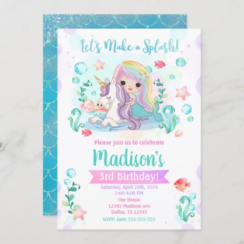 Mermaid Birthday Invitation  Mermaid  Unicorn