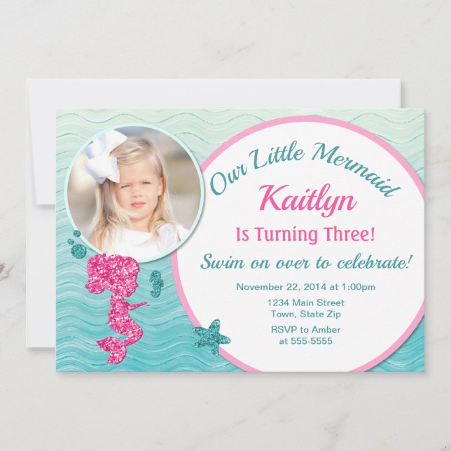 Mermaid Birthday Invitation Pink Girl Glitter (Front)