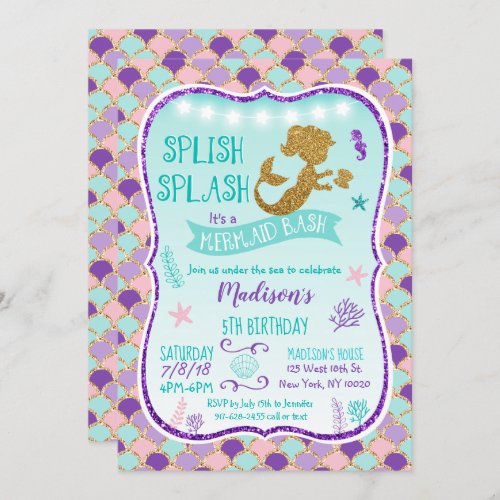 Mermaid Birthday Invitation Purple Gold Teal