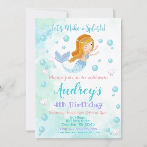 Mermaid Birthday Invitation  Red Hair Mermaid