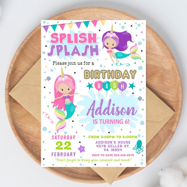 Mermaid Birthday Invitation Splish Splash Invite (Creator Uploaded)