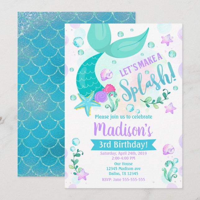 Mermaid Birthday Invitation / Swimming Pool Party (Front/Back)