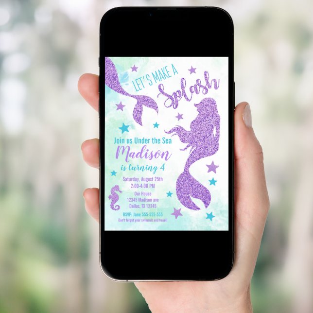 Mermaid Birthday Invitation Teal and Purple (Front Digital)