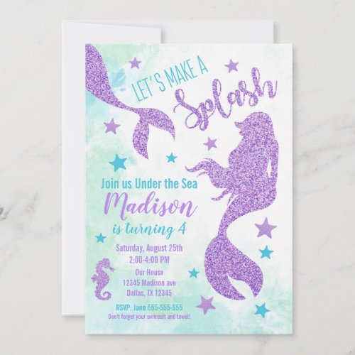 Mermaid Birthday Invitation Teal and Purple