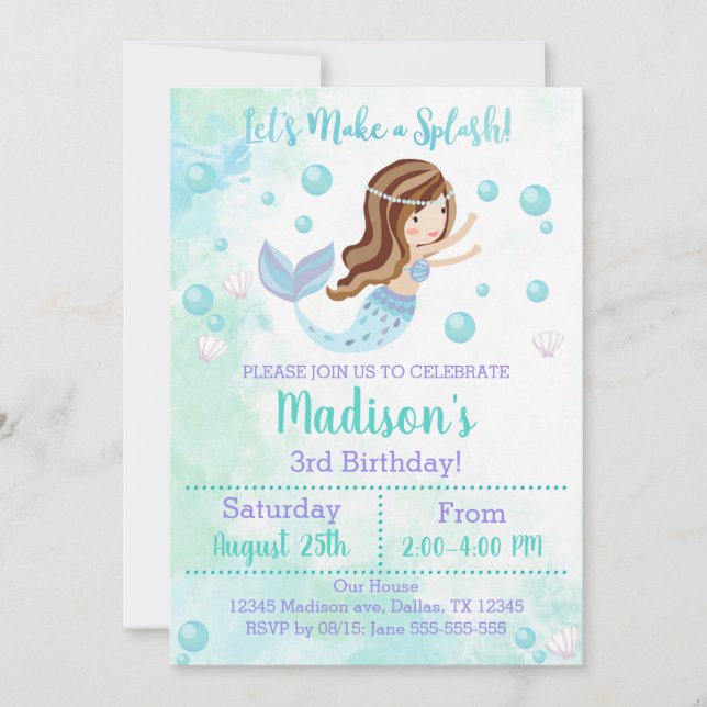 Mermaid Birthday Invitation Teal and Purple (Front)