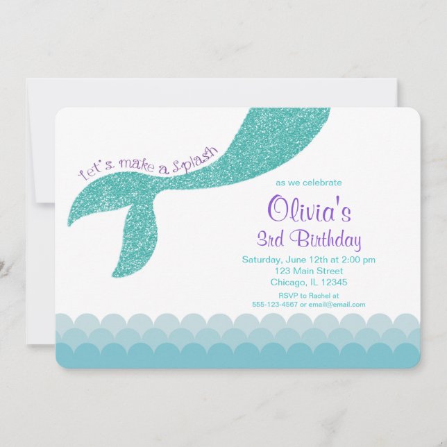 Mermaid birthday invitation, teal aqua purple invitation (Front)