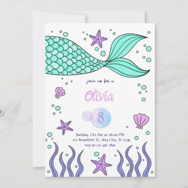 Mermaid Birthday invitation template tail invite (Front)
