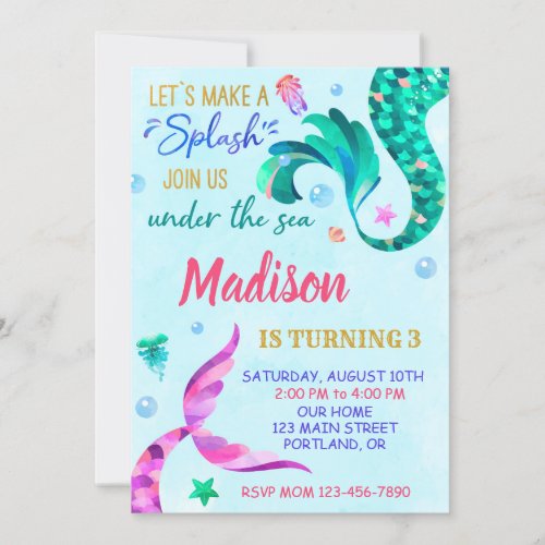 Mermaid birthday invitation Under the sea invite