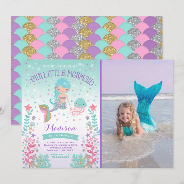 Mermaid Birthday Invitation Under The Sea Party (Front/Back)