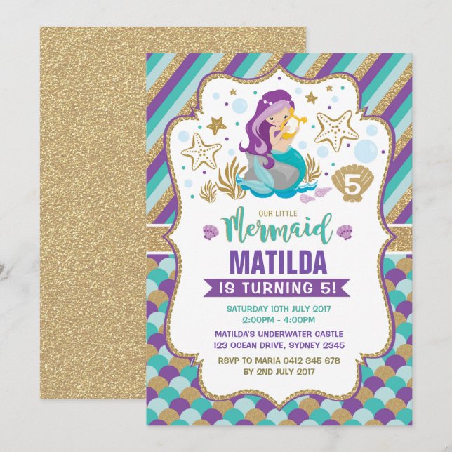 Mermaid Birthday Invitation Under the Sea Party (Front/Back)