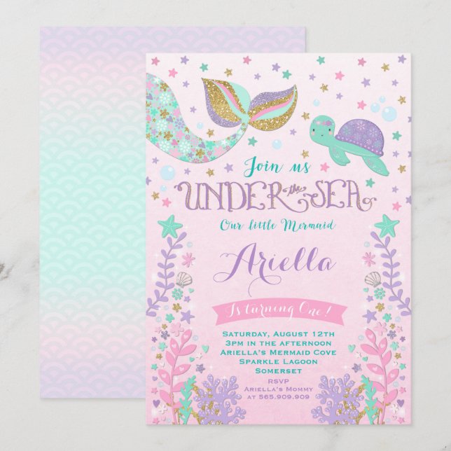 Mermaid Birthday Invitation Under The Sea Party (Front/Back)