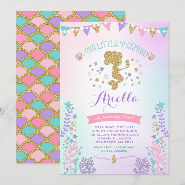 Mermaid Birthday Invitation Under The Sea Party (Front/Back)