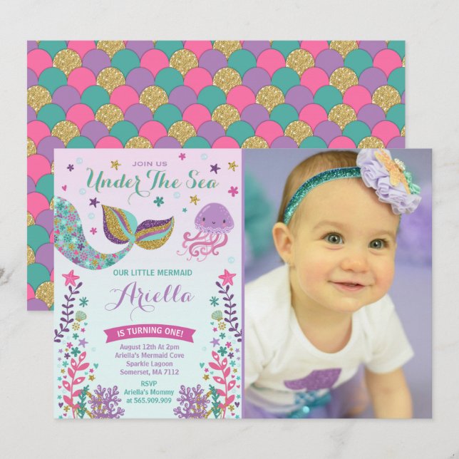 Mermaid Birthday Invitation Under The Sea Party (Front/Back)