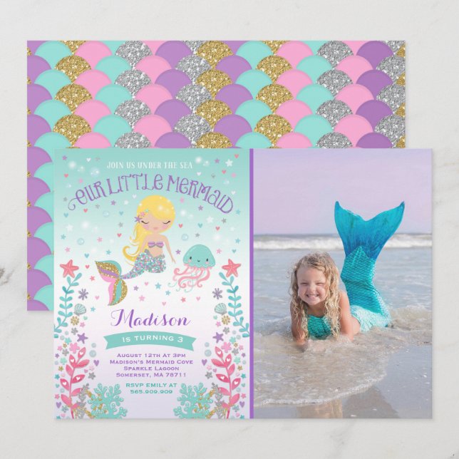 Mermaid Birthday Invitation Under The Sea Party (Front/Back)