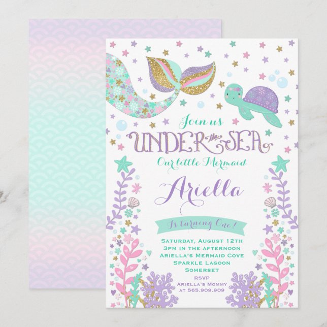 Mermaid Birthday Invitation Under The Sea Party (Front/Back)