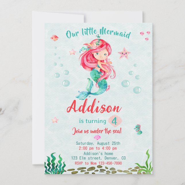 Mermaid birthday invitation Under the sea party (Front)