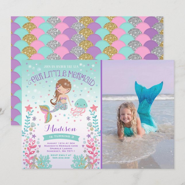 Mermaid Birthday Invitation Under The Sea Party (Front/Back)