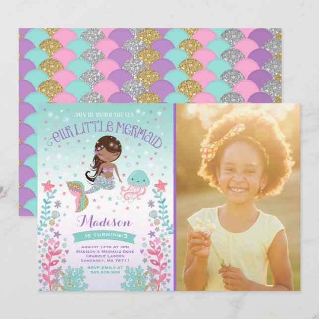 Mermaid Birthday Invitation Under The Sea Party (Front/Back)