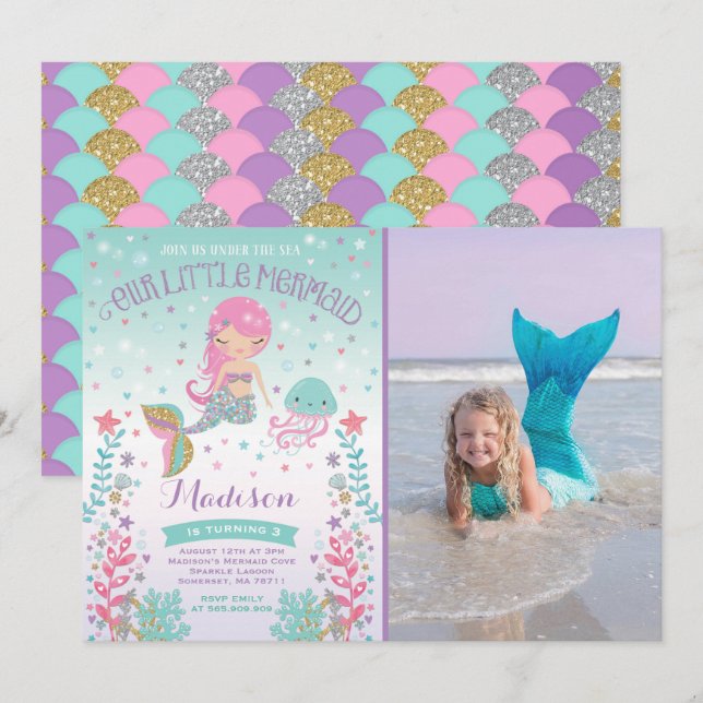 Mermaid Birthday Invitation Under The Sea Party (Front/Back)