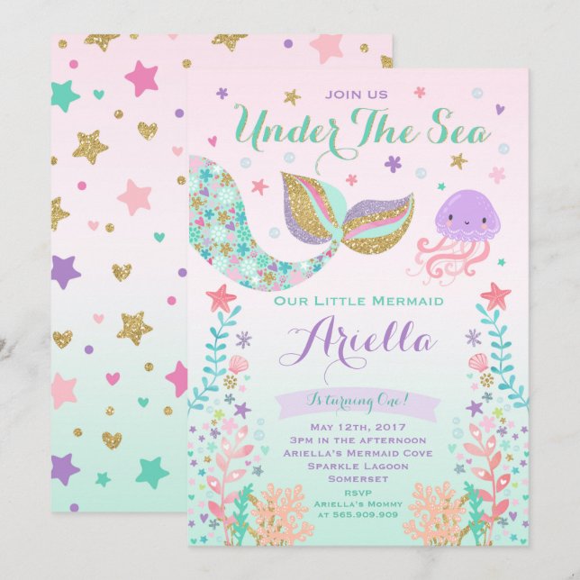 Mermaid Birthday Invitation Under The Sea Party (Front/Back)