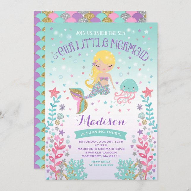 Mermaid Birthday Invitation Under The Sea Party (Front/Back)