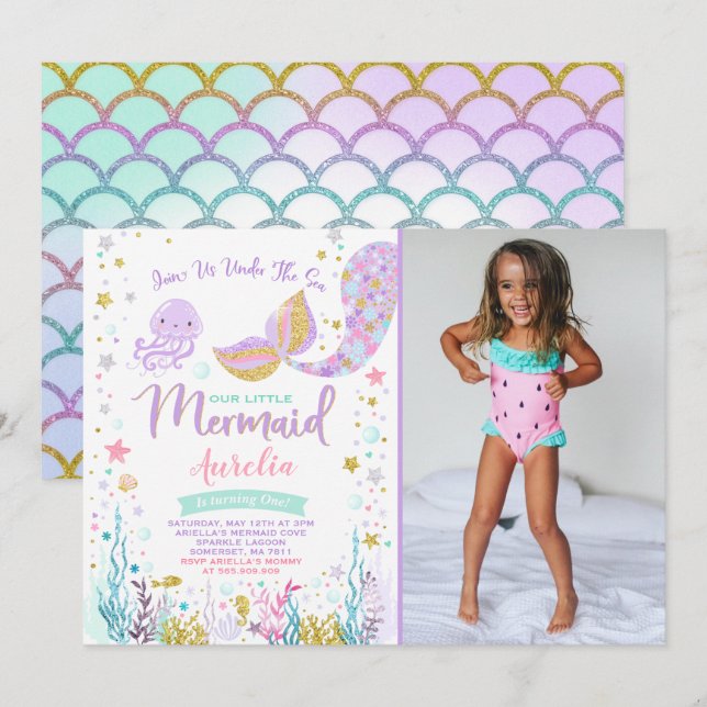 Mermaid Birthday Invitation Under The Sea Party (Front/Back)